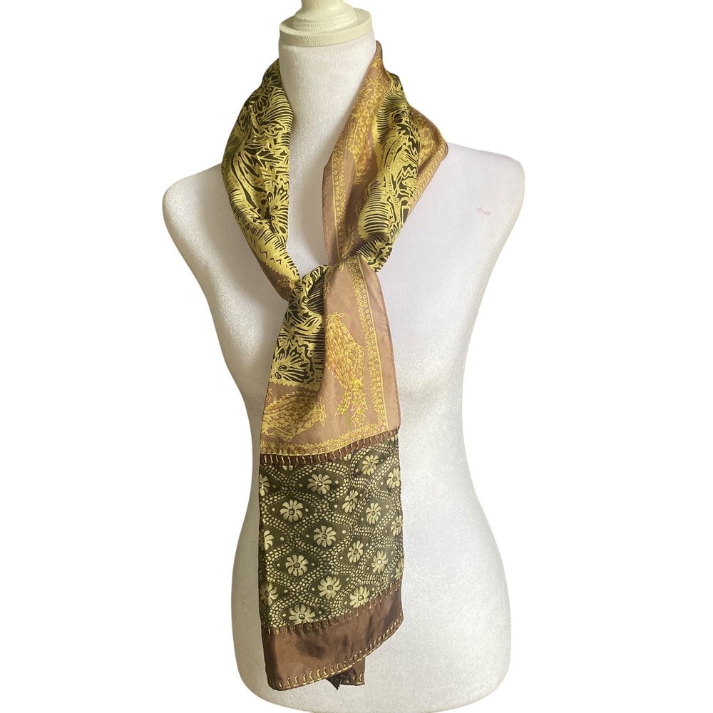 Bohemian Silk Blend Batik Scarf Olive Brown Floral Paisley Sequin Embroidered